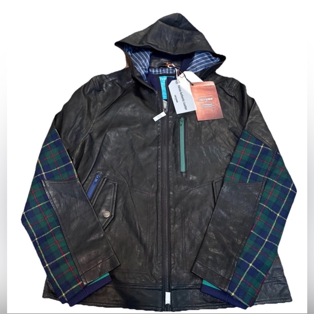 Mens Chevignon Authentic Italian Black Leather Jacket with Plaid Accents